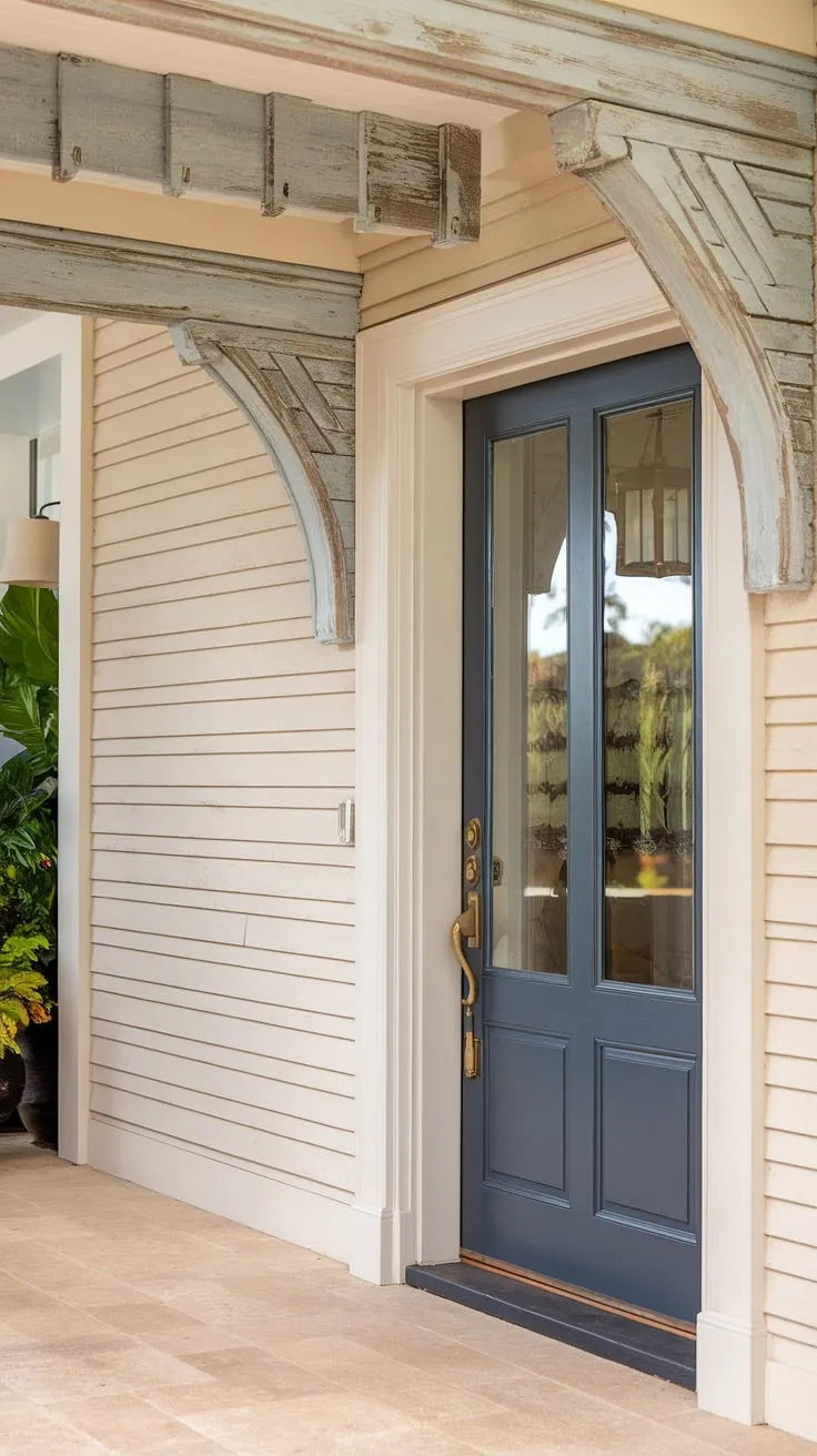 This house entrance boasts a stunning board and batten wall, its light beige hue providing a serene backdrop for the rich blue door. The weathered wood accent above the board and batten adds a touch of rustic elegance to this home entrance decor. The carefully chosen elements, including the potted plant and lamp, complete the inviting ambiance of this charming entryway.