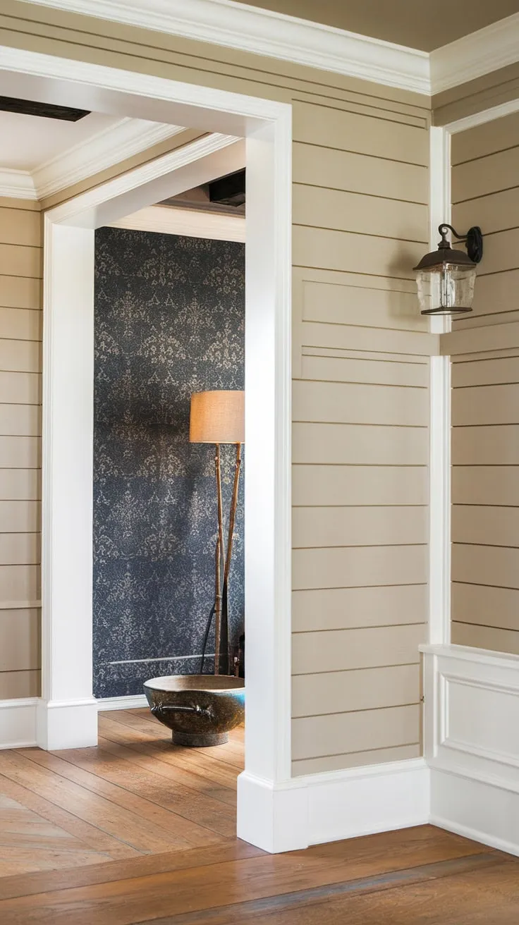 A captivating blend of board and batten and a striking accent entryway wall defines this charming home entrance. The board and batten wall's elegance sets the tone for the house entrance decor.