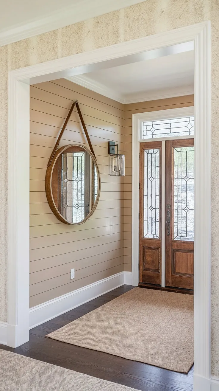 The board and batten wall is the star of this home entrance, creating a beautiful and textured accent entryway wall. The creamy beige and crisp white of the board and batten perfectly complements the round mirror and the subtle striped wallpaper. This house entrance is a testament to thoughtful home entrance decor, showcasing the beauty of simple, yet impactful design.