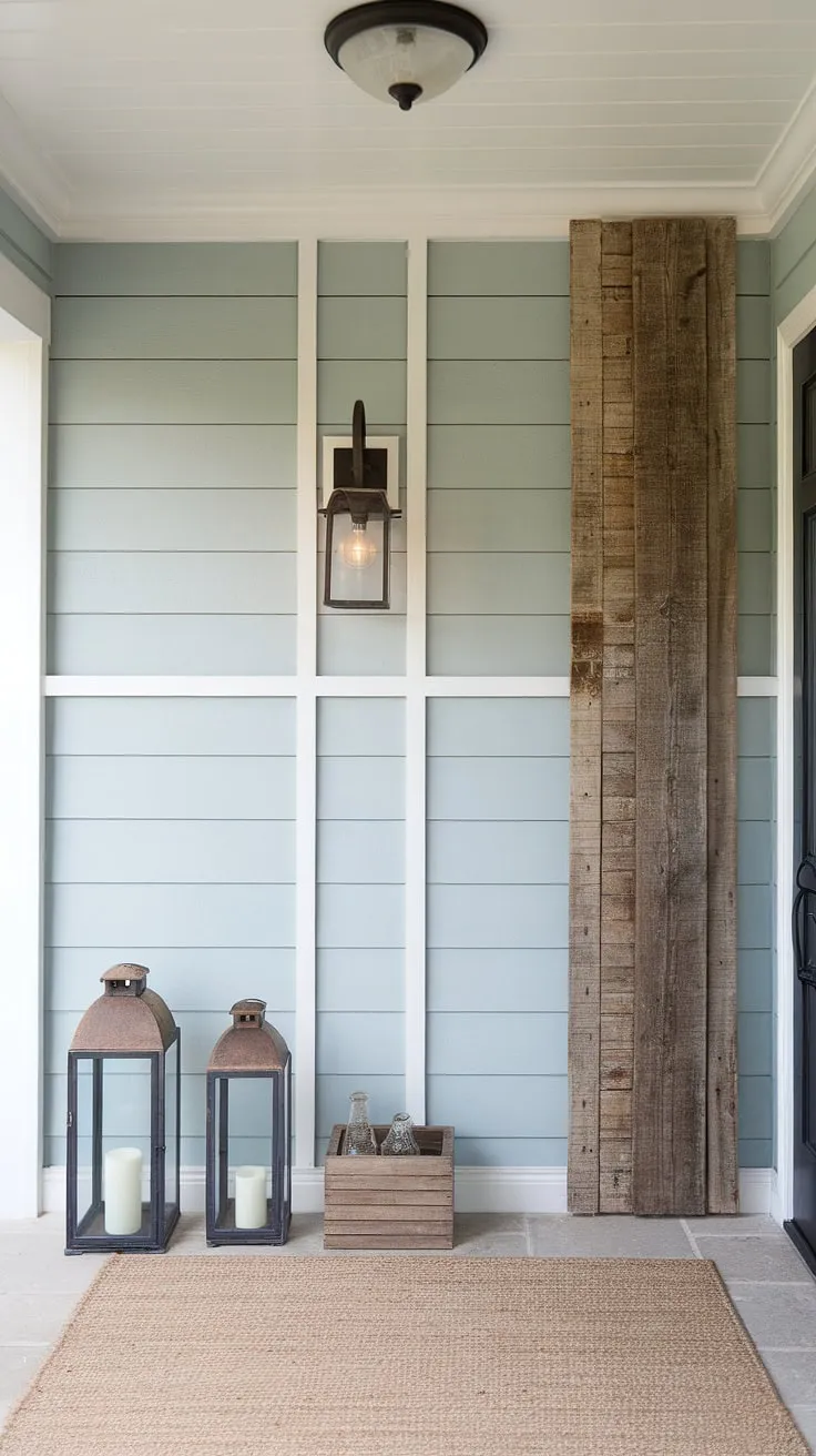 This board and batten wall creates a stunning focal point for this home entrance. The light blue and white board and batten perfectly complements the rustic wooden accents, showcasing a sophisticated yet cozy home entrance decor. A simple lantern and wooden box add to the inviting ambiance of this charming entryway. The beige rug anchors the space beautifully.
