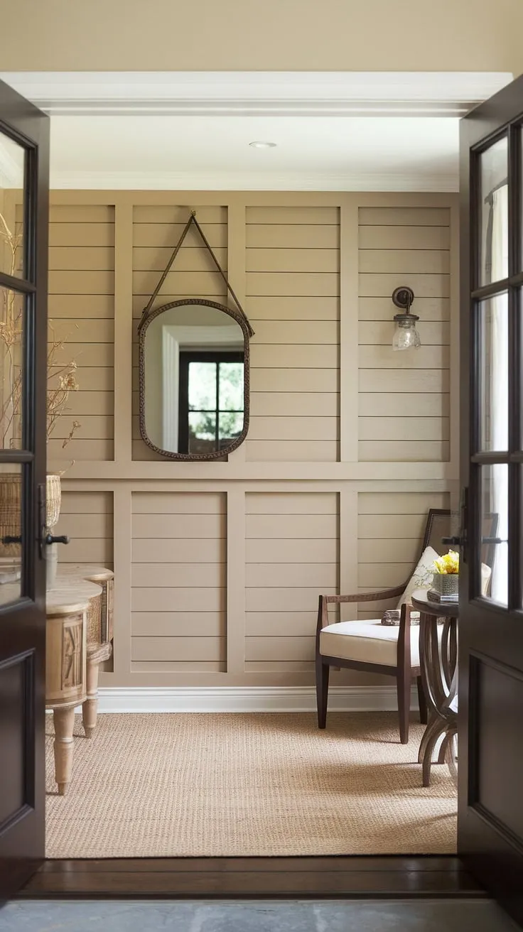 A stunning board and batten wall creates a captivating focal point in this accent entryway wall. The board and batten design lends a touch of classic elegance to the home entrance, while the mirror and comfortable seating area complete the inviting atmosphere. This is home entrance decor done right.