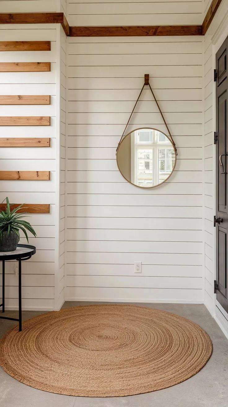 This accent entryway wall, featuring a striking board and batten design, instantly elevates the home entrance. The large round mirror complements the board and batten wall perfectly, while the round rug and small plant add warmth and personality to this inviting house entrance. The simple yet elegant board and batten creates a sophisticated home entrance decor.
