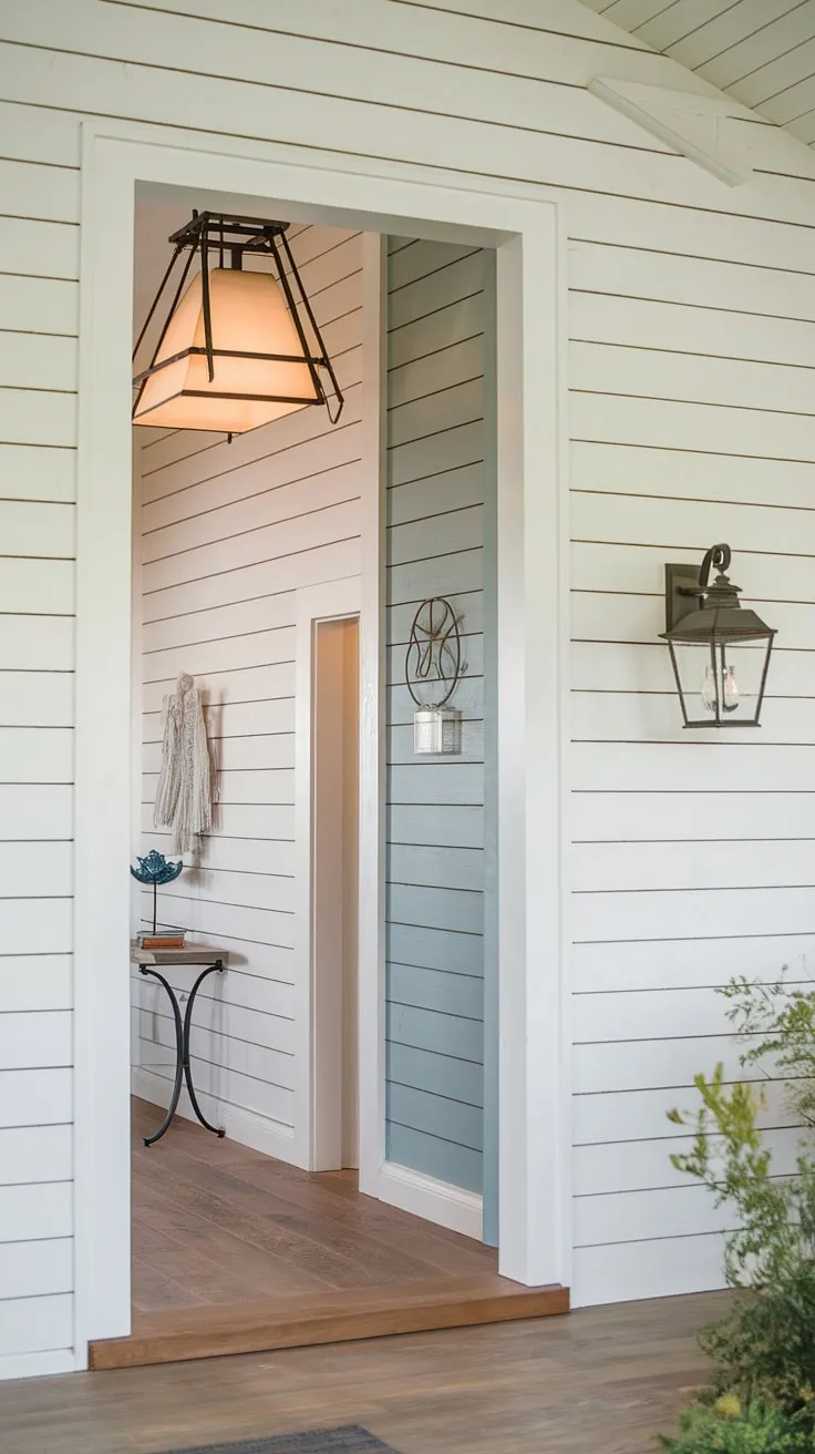 This house entrance boasts a beautifully crafted board and batten wall, its light blue accent adding a touch of serenity to the rustic board and batten design. The home entrance decor is thoughtfully curated, with a statement light fixture and a small table adding character. The warm wood flooring complements the overall aesthetic, creating a welcoming and inviting space. This stunning board and batten wall is the perfect focal point for this charming entryway.