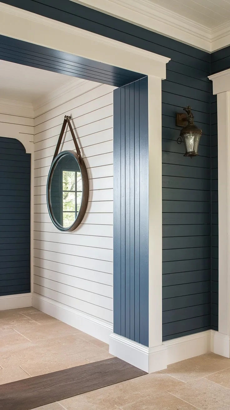 This rustic home entrance boasts a stunning accent entryway wall, featuring a rich dark blue board and batten wall design contrasted by crisp white trim. A large decorative mirror adds elegance to the home entrance decor, completing the charming look above the beige tile flooring.
