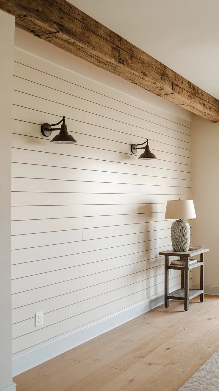 This accent entryway wall is a showstopper! The board and batten design, painted in a fresh white, adds texture and visual interest to this house entrance. The rustic wooden beam above the board and batten perfectly complements the light wood flooring, creating a cozy and inviting home entrance decor. A simple side table and lamp add the finishing touch to this beautiful board and batten wall.
