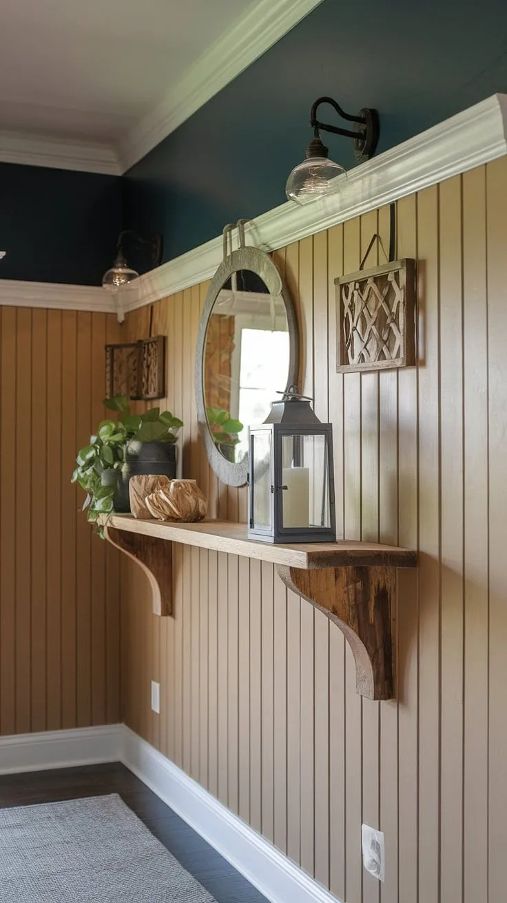 Warm welcome home. This accent entryway wall, featuring a stunning board and batten design, sets the tone for the entire house entrance. The board and batten wall's warm beige and dark blue combination creates a cozy and inviting home entrance decor.