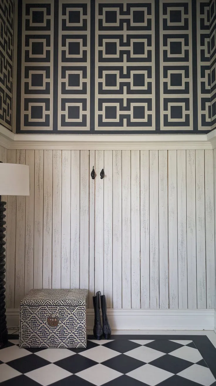 This striking house entrance features a sophisticated blend of textures and patterns. The board and batten wall, painted in a calming white with a distressed finish, is complemented by a graphic black and white accent wall. The board and batten adds a touch of classic charm to this entryway, while the checkered floor ties the home entrance decor together.