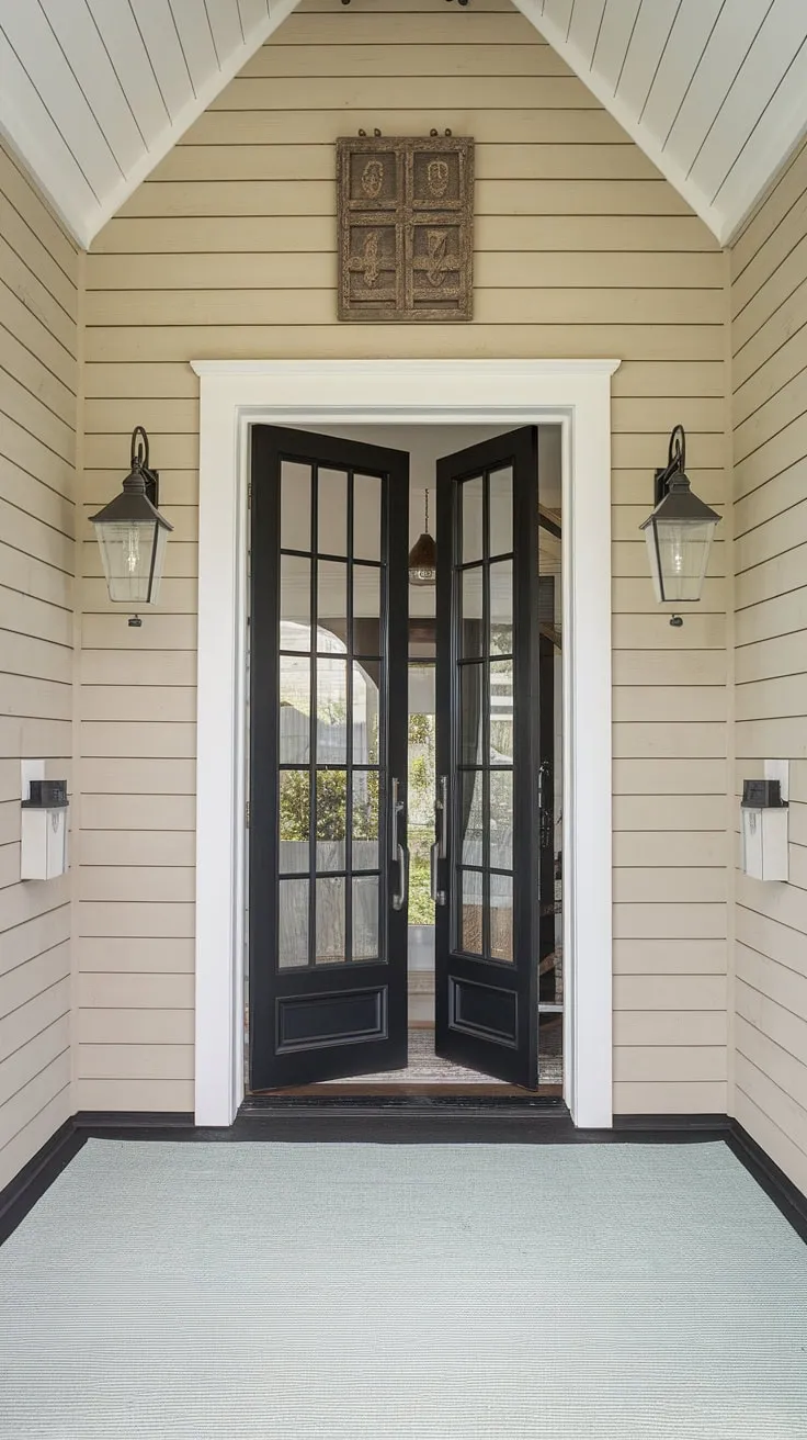 The board and batten wall is the star of this house entrance. This board and batten design, in a calming beige and black, creates a sophisticated accent entryway wall. The geometric black door and the subtle blue rug add to the overall charm of this home entrance decor, making it a truly welcoming space.