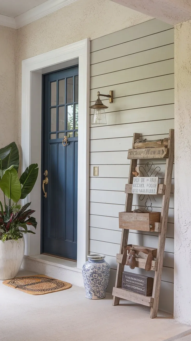 This board and batten wall is the perfect accent for this charming house entrance. The home entrance decor, complete with a statement door and thoughtful details, showcases the beauty of a well-designed board and batten wall accent.