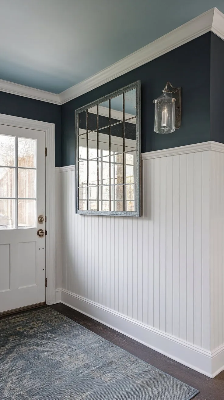 This inviting house entrance features a stunning board and batten wall, painted a rich navy blue as a striking accent. The board and batten design adds texture and visual interest to the home entrance decor, while the mirror brightens the entryway.