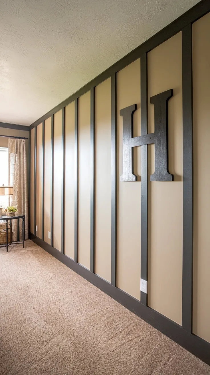 The black board and batten accent entryway wall, featuring a large wooden "H," makes a striking first impression in this home entrance. The beige backdrop and simple furnishings create a welcoming atmosphere. This board and batten design is a perfect example of home entrance decor.