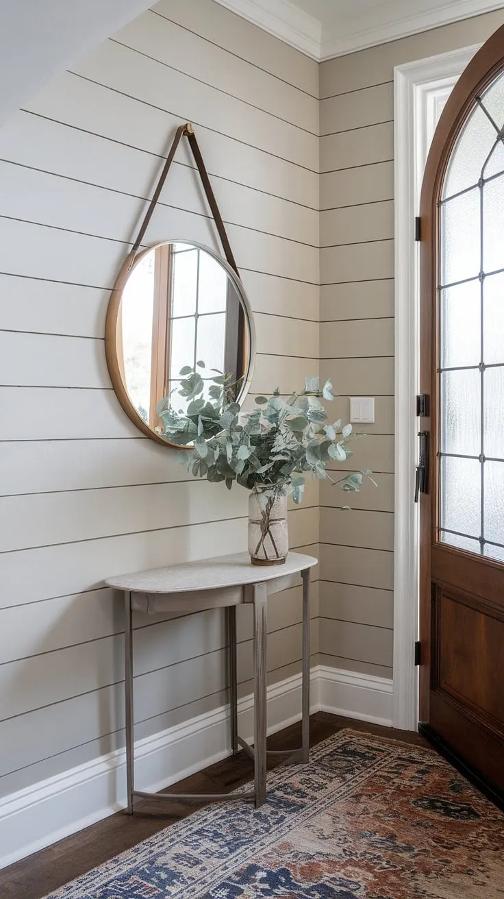A charming board and batten wall defines this home entrance, showcasing simple yet elegant home entrance decor. The accent entryway wall's light grey and white palette is perfectly complemented by the subtle details.
