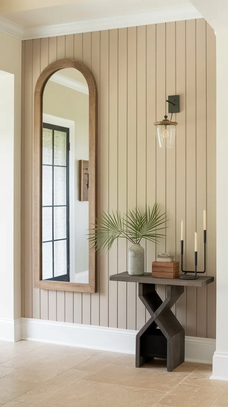 A welcoming home entrance, defined by this stunning accent entryway wall. The board and batten design adds texture and charm to the house entrance, perfectly complemented by the wooden mirror and subtle home entrance decor.