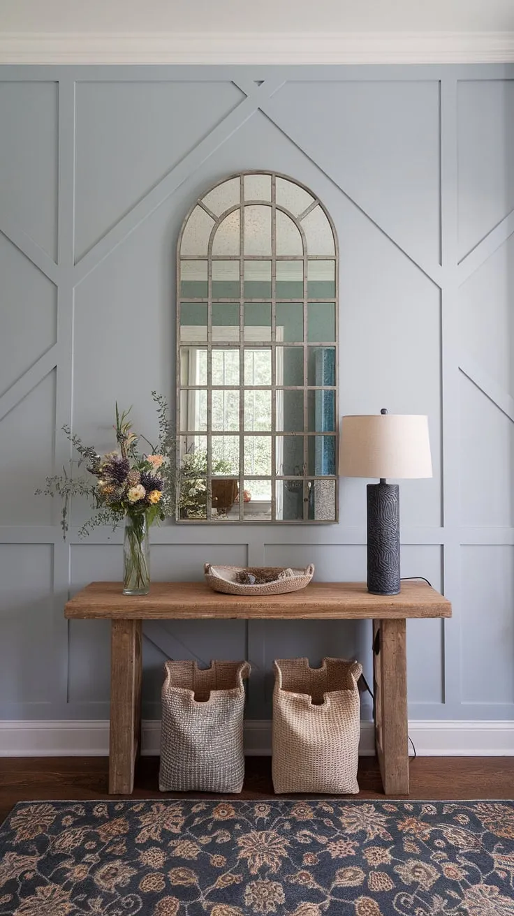 Step into style with this stunning accent entryway wall. The board and batten design creates a focal point, perfectly complemented by the home entrance decor. A beautiful way to enhance your house entrance.