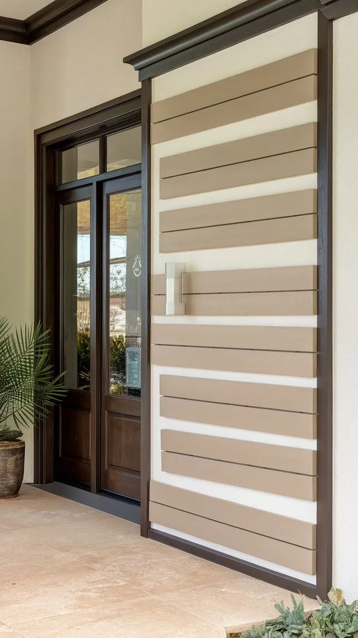 This charming house entrance boasts a beautifully designed accent entryway wall, featuring a sophisticated board and batten wall in beige with subtle brown accents. The home entrance decor is completed by a dark brown door and a lush potted plant, all set against a backdrop of beige tile flooring. The board and batten adds a touch of classic elegance to this welcoming space.