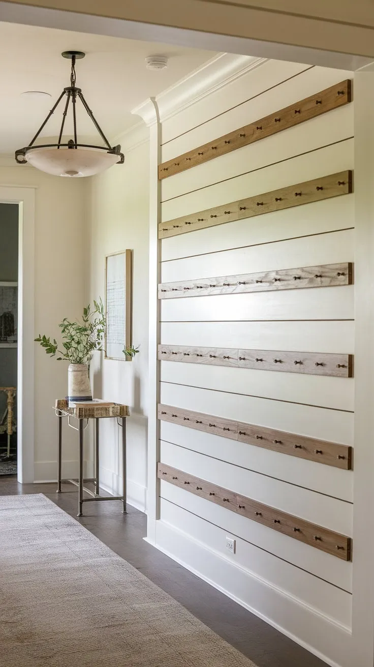 This accent entryway wall, featuring a stunning board and batten design, instantly elevates the home entrance decor. The board and batten wall adds warmth and texture to this house entrance.