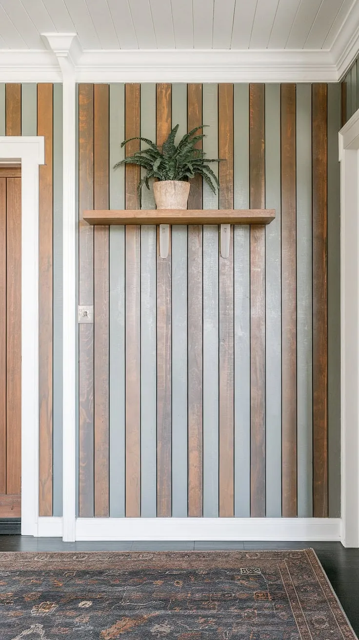 This charming house entrance boasts a stunning accent entryway wall, featuring a classic board and batten design. The vertical lines of the board and batten wall add texture and visual interest to this home entrance decor, while the potted plant on the shelf above adds a touch of nature. The large rug completes the welcoming ambiance.