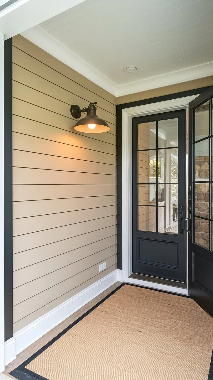This stunning home entrance boasts a sophisticated board and batten wall, the black battens contrasting beautifully against the beige backdrop. A large accent light illuminates the black door with its glass panel, completing the elegant home entrance decor. The beige rug adds a touch of warmth to this stylish accent entryway wall.