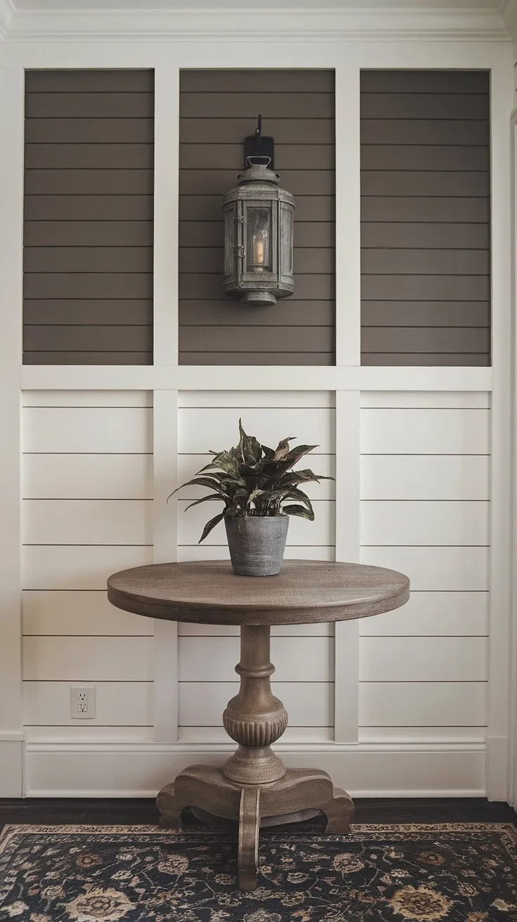 A board and batten wall transforms this house entrance. This accent entryway wall, with its home entrance decor, is the perfect blend of style and charm.