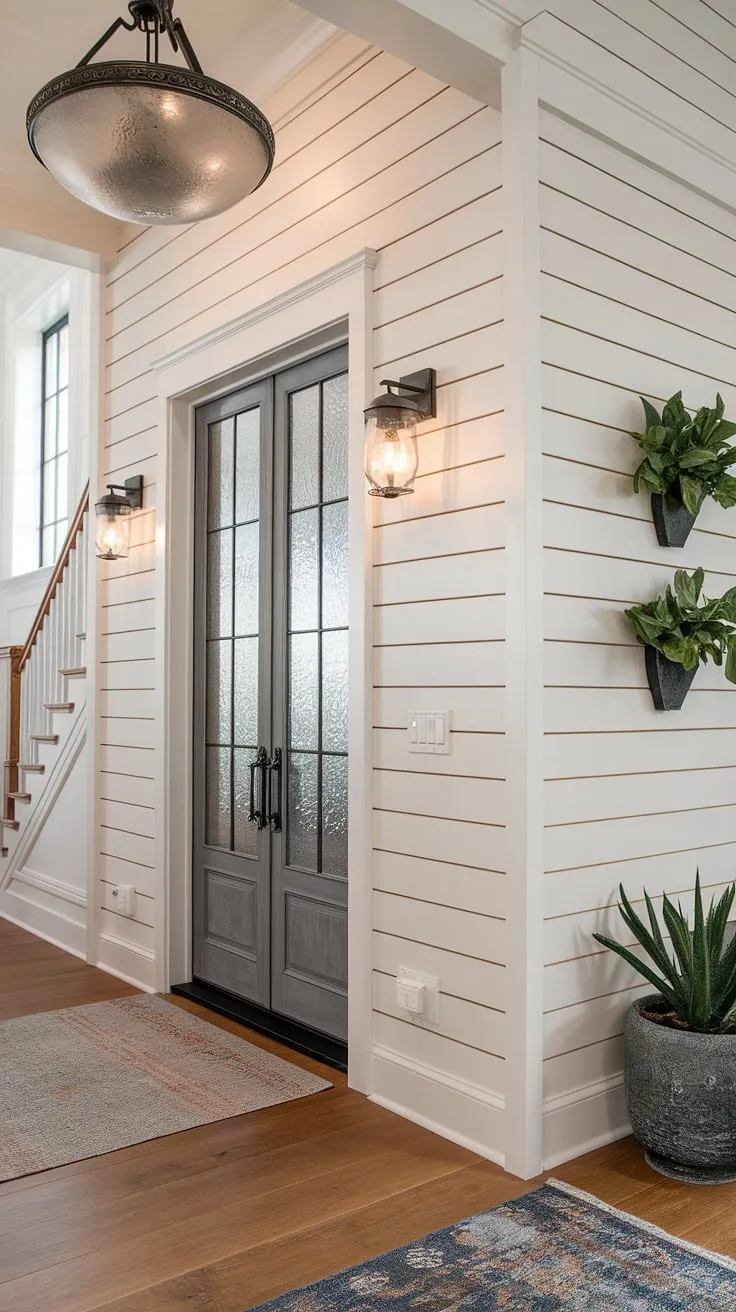 A board and batten wall serves as a captivating focal point in this home entrance, showcasing beautiful home entrance decor. This accent entryway wall, with its clean lines and texture, transforms the house entrance into a stylish statement.