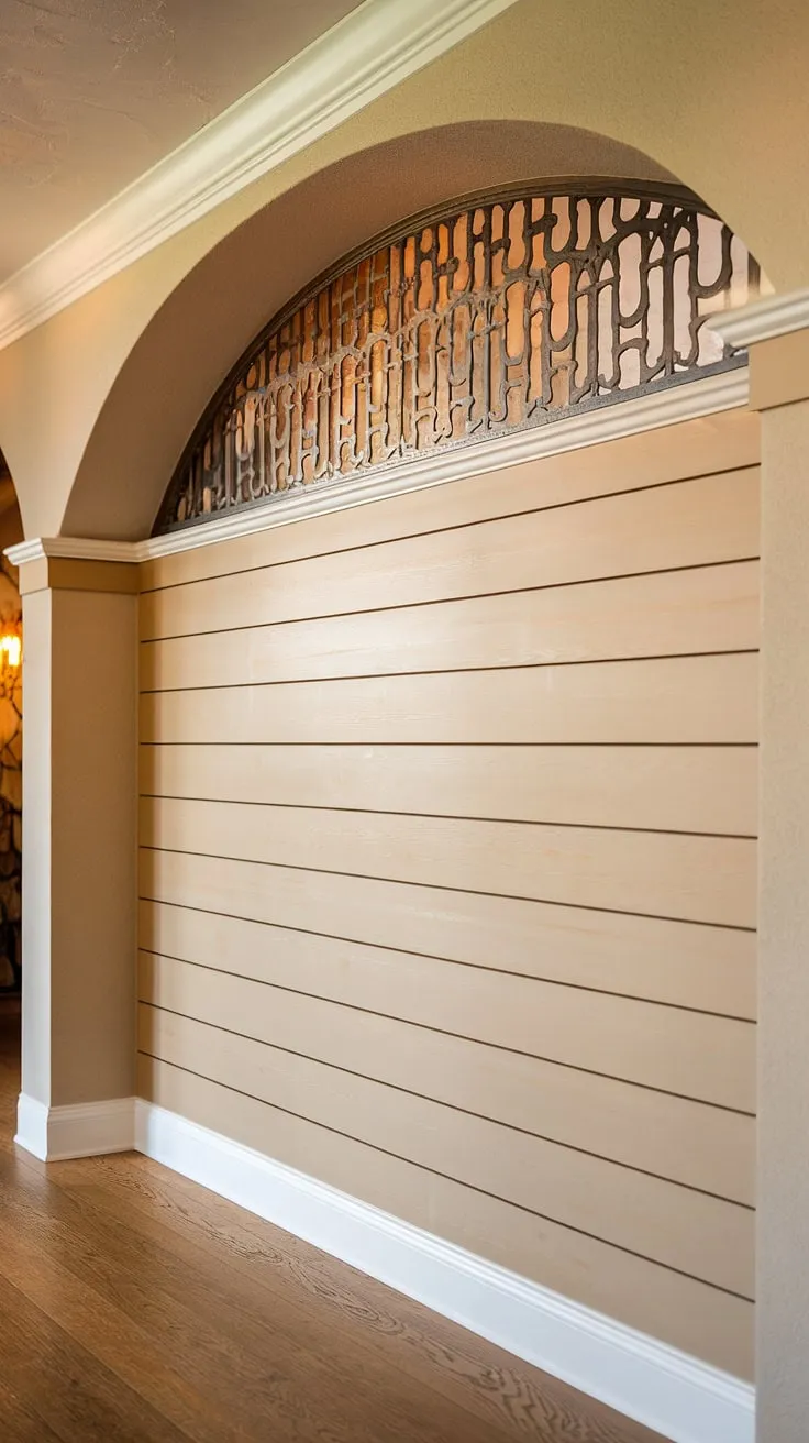 A stunning board and batten wall defines this welcoming entryway. The clean lines of the white board and batten against the soft beige create a sophisticated accent entryway wall. Rich wood flooring and a striking decorative piece above complete the charming home entrance decor.