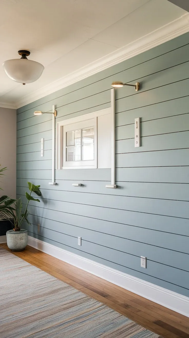 Step into serenity with this stunning accent entryway wall. The soft blue board and batten wall, a perfect piece of home entrance decor, instantly elevates the house entrance.