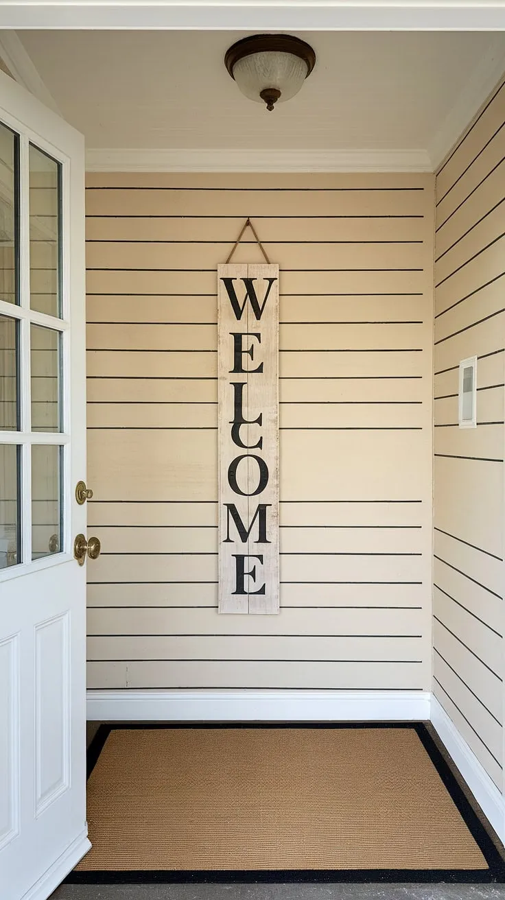A welcoming house entrance defined by a chic board and batten wall. This board and batten accent entryway wall is the perfect touch of home entrance decor.