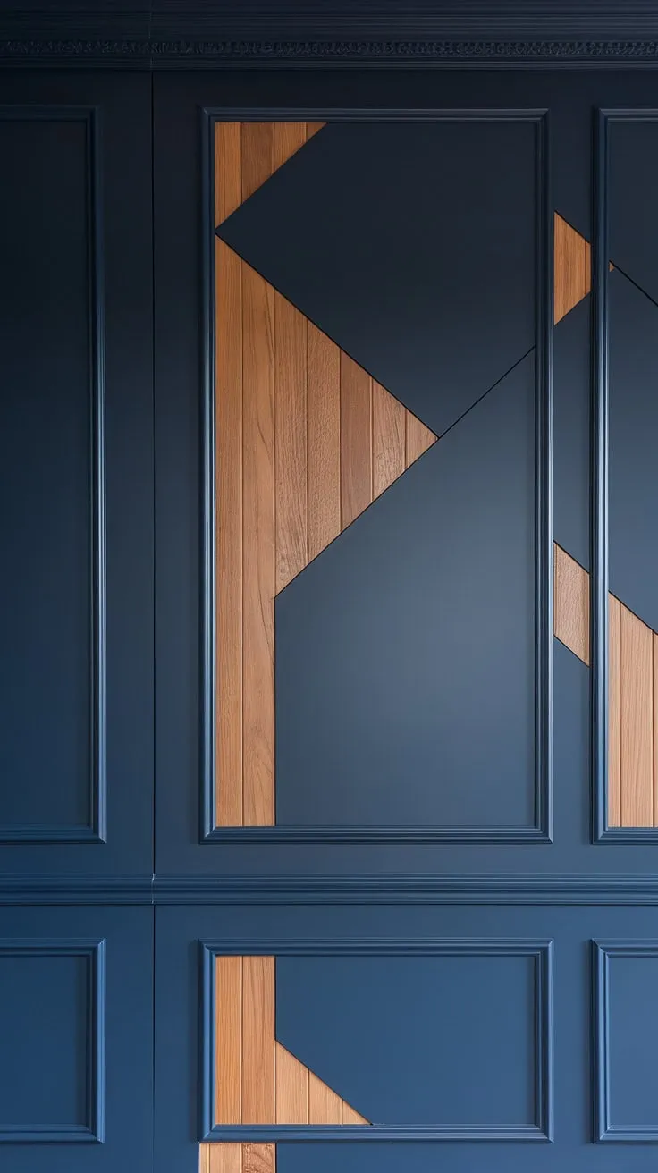 This stunning navy and wood accent wall transforms our family room. The split wall design, featuring a geometry accent wall with 3D wall ideas, adds depth and sophistication.  Trim pieces on the wall, along with wall moldings and trim, create a raised accent wall that's both modern and inviting. The wood design on wall interiors completes the look.