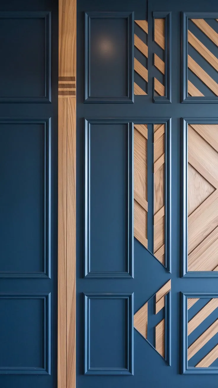 This stunning navy and wood accent family room wall showcases a captivating split wall design.  The geometry accent wall, complete with 3d wall ideas and raised accent wall features, adds depth and texture.  Intricate trim pieces on the wall and wall moldings and trim enhance the sophisticated wood design on wall interiors, creating a truly modern and contemporary space.