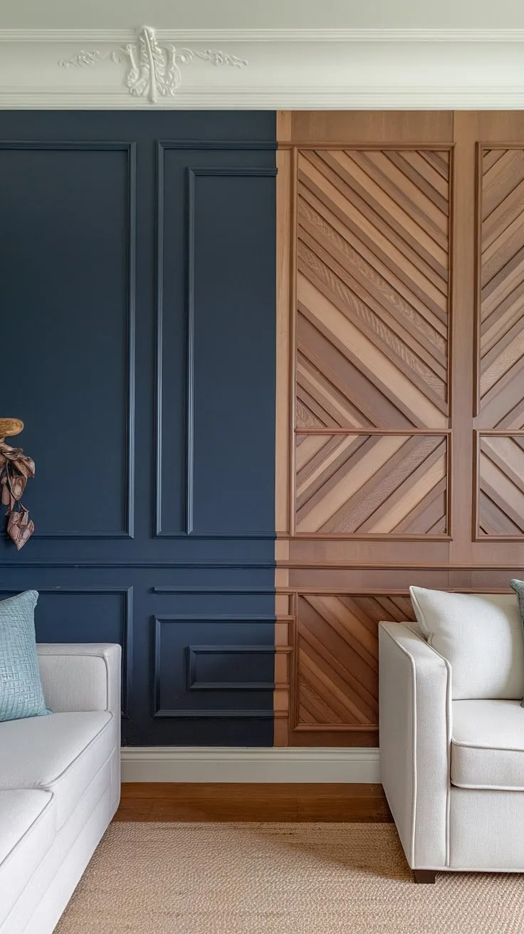 The 3D accent wall in our family room is a showstopper!  This split wall design masterfully combines a navy and wood accent wall with raised accent wall elements, showcasing a sophisticated geometry accent wall.  The wood design on wall interiors, detailed trim pieces on wall, and wall moldings and trim elevate the space, creating a luxurious and inviting atmosphere.