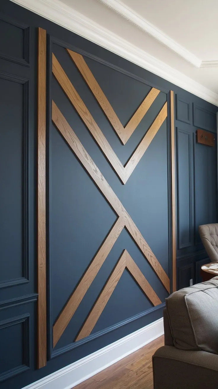 Elevate your family room with this show-stopping 3d accent wall. The split wall design cleverly combines navy and wood accent wall elements, creating a striking geometry accent wall.  Notice the exquisite detail in the raised accent wall, complemented by carefully placed trim pieces on wall and wall moldings and trim.  These 3d wall ideas transform the room with their unique wood design on wall interiors.
