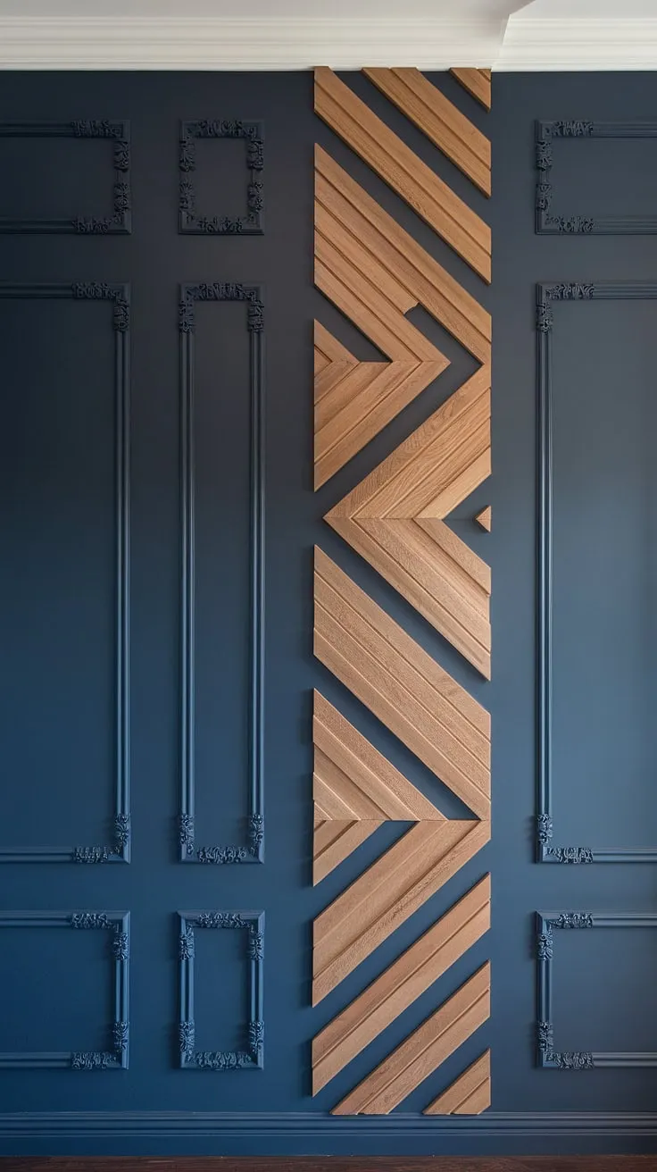 Sophisticated and striking, this family room boasts a show-stopping accent family room wall.  The split wall design incorporates a 3d accent wall with a stunning wood design on wall interiors, complemented by a navy backdrop.  The raised accent wall, detailed with wall moldings and trim, showcases impressive 3d wall ideas and a unique geometry accent wall.