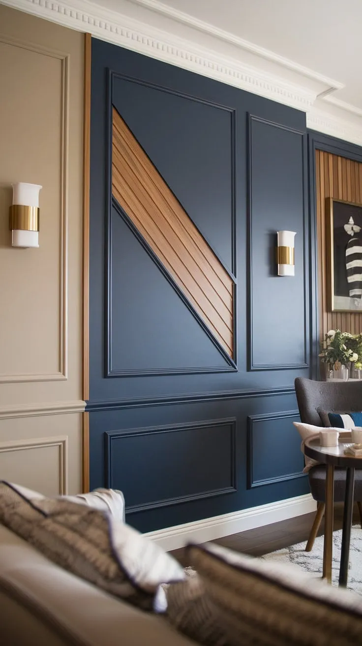 The 3d accent wall in this family room is breathtaking.  A sophisticated blend of navy and wood, the split wall design incorporates raised accent wall sections and wall moldings and trim, showcasing innovative 3d wall ideas. This geometry accent wall is more than just décor; it's a statement piece that elevates the entire space, transforming it into a haven of comfort and style.