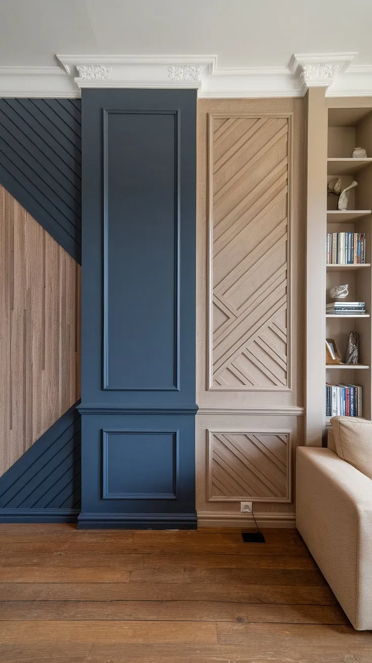 The geometry accent wall is the undeniable focal point of this family room, a show-stopping split wall design that masterfully combines navy and wood.  Intricate trim pieces on wall and raised accent wall details elevate the 3D wall ideas, showcasing a sophisticated wood design on wall interiors.  The 3d accent wall's textured surface adds visual interest, perfectly complementing the room's relaxed and inviting atmosphere.