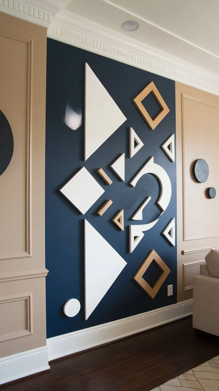 The 3D accent wall in this family room is a true statement piece.  This geometry accent wall, with its split wall design, seamlessly blends navy blue and warm wood tones, creating a captivating visual effect. The raised accent wall elements, combined with the carefully placed trim pieces on wall and wall moldings and trim, showcase innovative wood design on wall interiors.  A perfect example of 3d wall ideas for a modern family space.