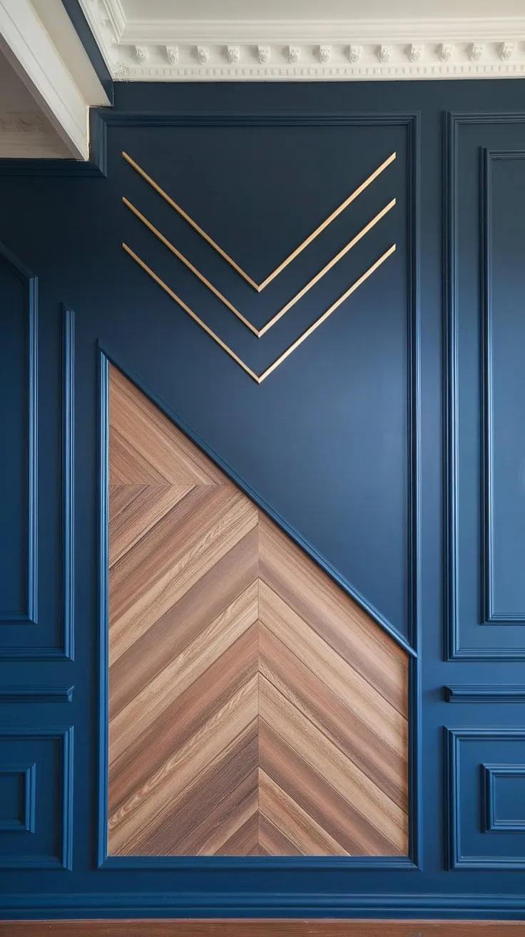 This stunning navy and wood accent wall transforms our family room. The split wall design, featuring a geometry accent wall with intricate trim pieces on wall, adds depth and visual interest.  The 3d accent wall, a raised accent wall with a beautiful wood design on wall interiors, showcases incredible 3d wall ideas.