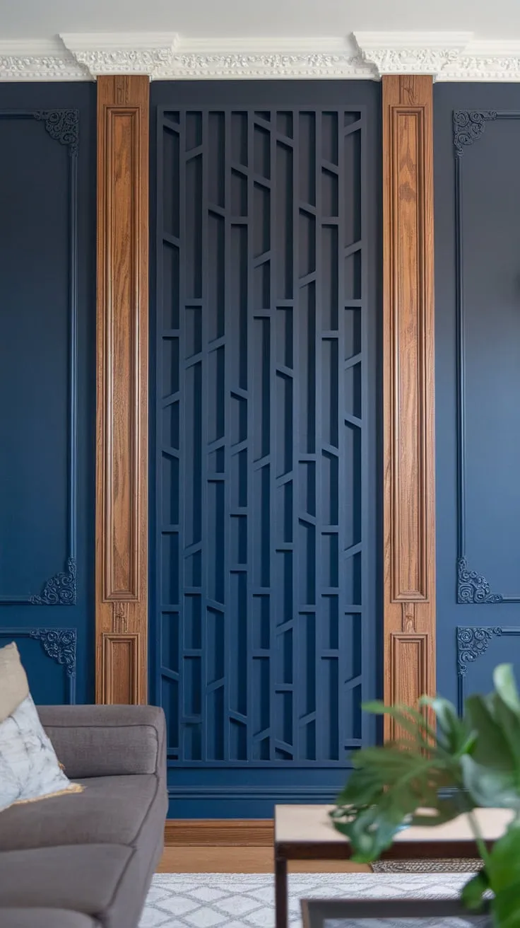 This stunning family room boasts a show-stopping navy and wood accent wall, a true masterpiece of 3D wall ideas. The split wall design features a raised geometric pattern, showcasing intricate trim pieces on wall and wall moldings and trim, creating a luxurious wood design on wall interiors.  The 3D accent wall and raised accent wall add undeniable depth and texture.