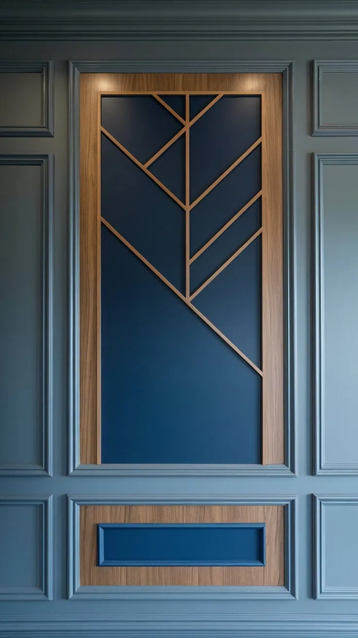 Experience the depth and dimension of this exceptional family room. A sophisticated split wall design showcases a navy and wood accent wall, its geometry accent wall punctuated by raised accent wall panels and detailed trim pieces on wall.  The 3d wall ideas are brought to life through meticulous wall moldings and trim, creating a truly unique wood design on wall interiors.