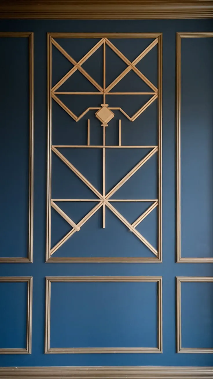 This stunning split wall design transforms the family room with its captivating geometry.  The navy and wood accent wall, featuring a 3D effect created by raised accent walls and intricate trim pieces on wall, adds depth and visual interest.  Wall moldings and trim complete the look, showcasing a sophisticated wood design on wall interiors and offering inspiring 3d wall ideas.
