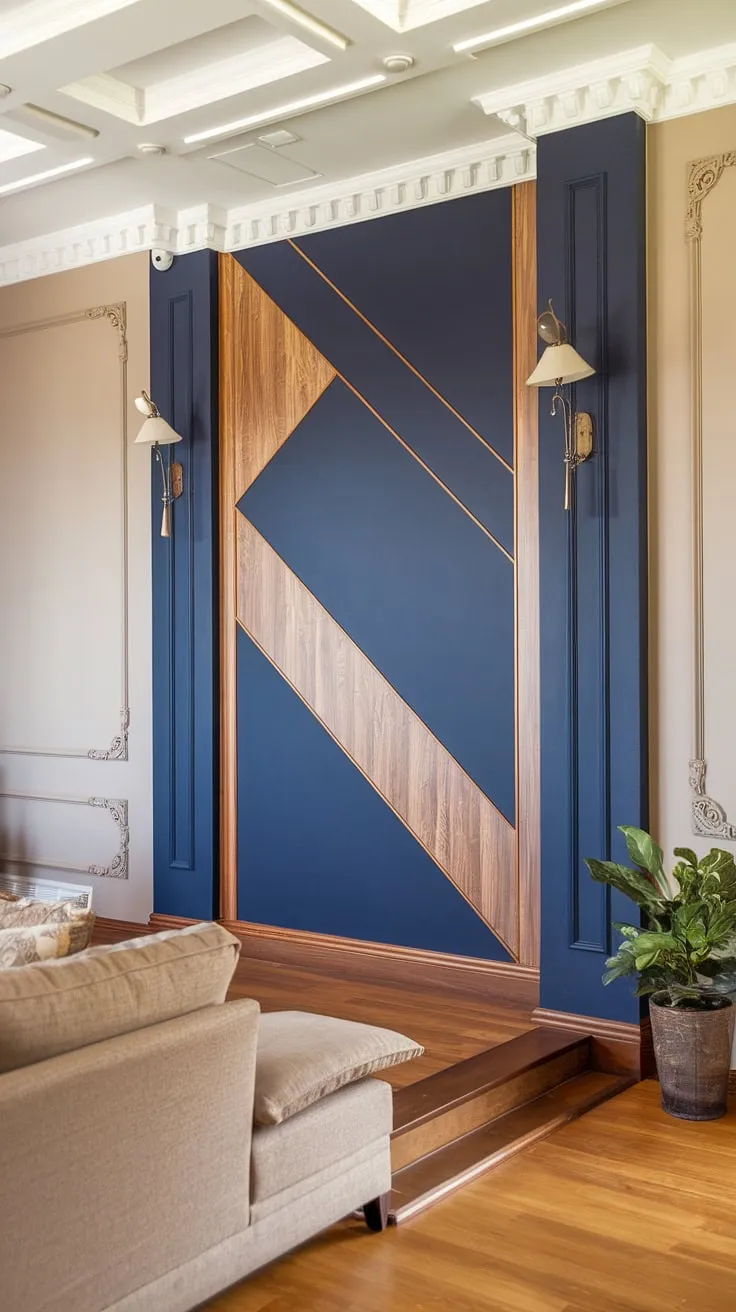 The navy and wood accent wall in this family room is a breathtaking example of 3D wall ideas. The split wall design incorporates a raised accent wall with a geometric pattern, showcasing exquisite trim pieces on wall and wall moldings and trim.  The rich wood design on wall interiors and the thoughtful use of navy create a sophisticated and inviting atmosphere.  This geometry accent wall is the perfect focal point for this comfortable space.