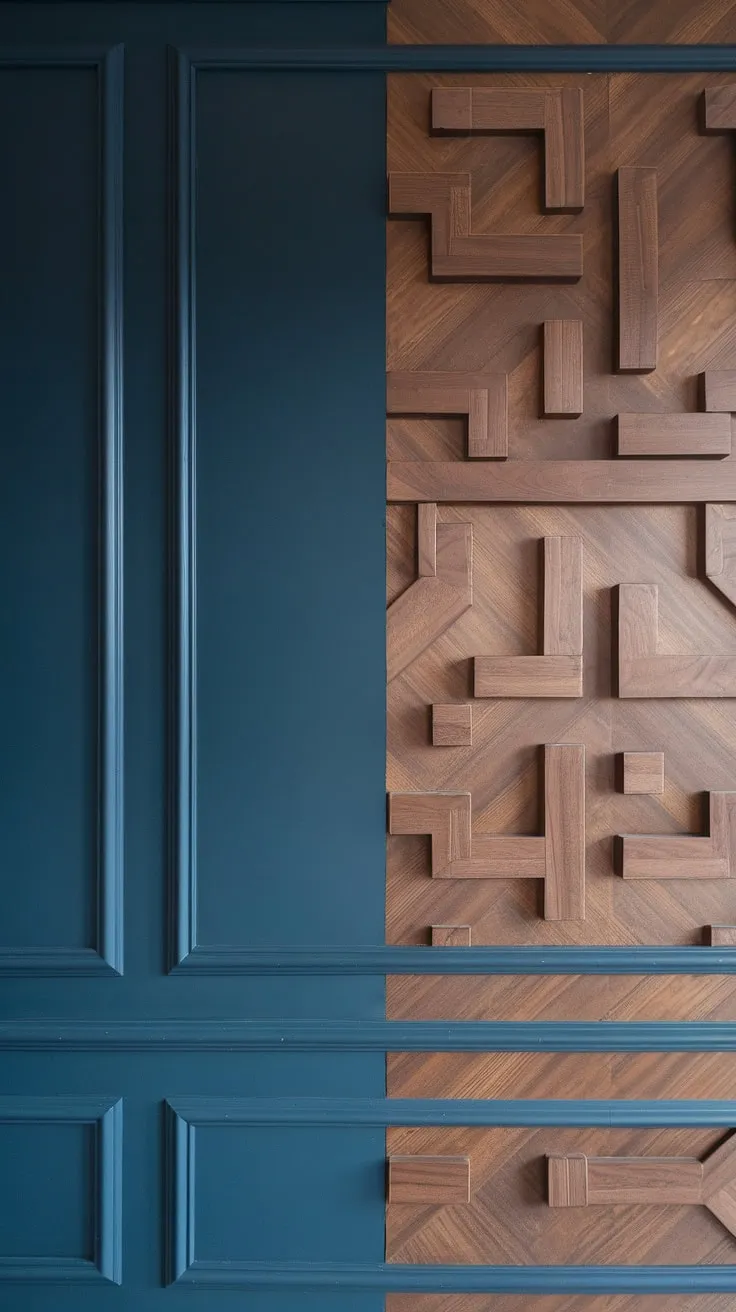 This stunning split wall design transforms the family room with its dynamic navy and wood accent wall.  The 3D accent wall, featuring raised geometric shapes and intricate wall moldings and trim, adds undeniable texture and modern sophistication.  This is 3D wall ideas done right, showcasing the artistry of wood design on wall interiors.