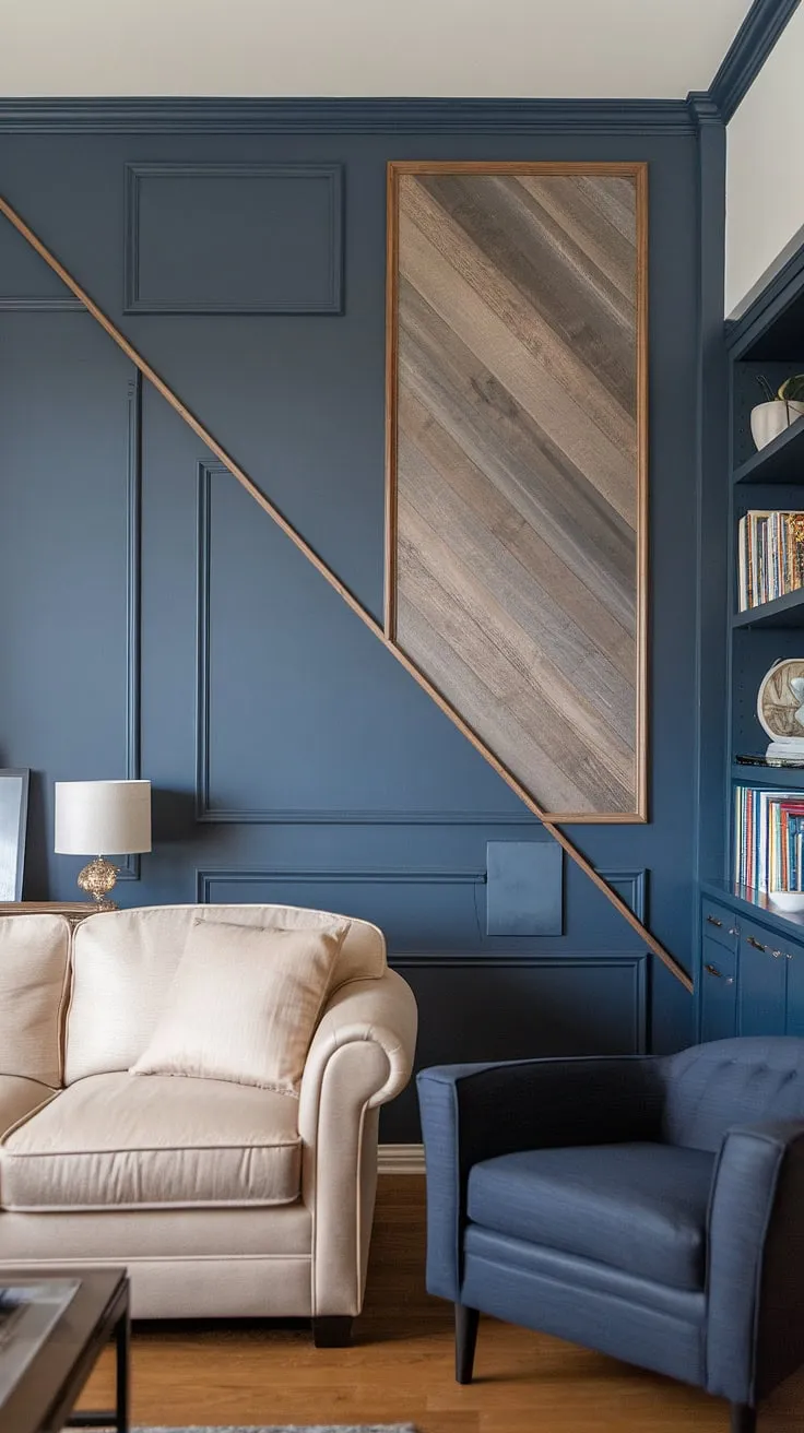 This stunning family room boasts a show-stopping navy and wood accent wall, a true masterpiece of 3d wall ideas. The split wall design, featuring geometric shapes and a raised accent wall with wood design on wall interiors, is enhanced by intricate trim pieces on wall and wall moldings and trim.  The 3d accent wall adds depth and texture, perfectly complementing the beige sofa and dark blue armchair.