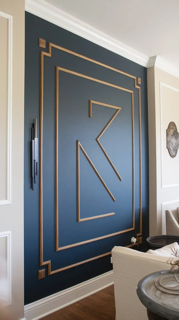 This navy and wood accent wall transforms our family room. The split wall design, featuring geometric shapes and 3d wall ideas, adds depth and visual interest.  We love the raised accent wall, complete with trim pieces on wall and wall moldings and trim, showcasing a stunning wood design on wall interiors.