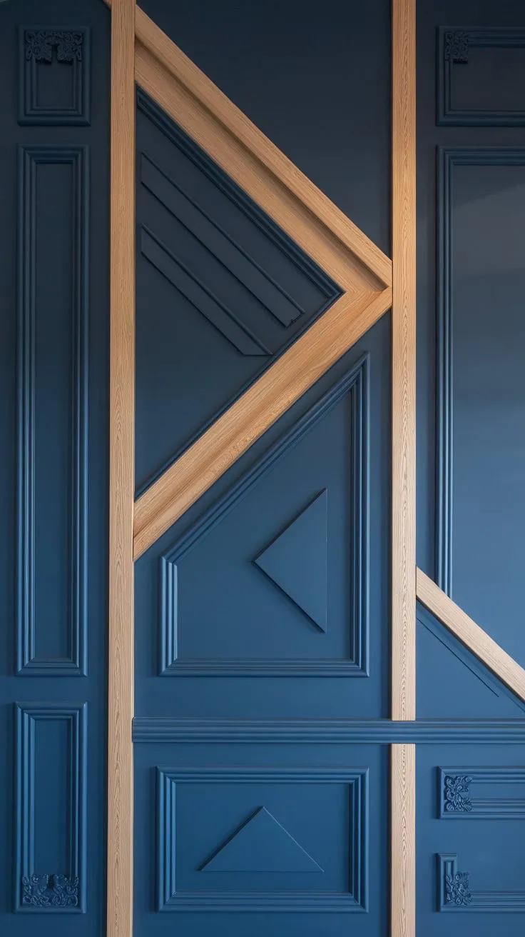 This stunning navy and wood accent family room wall showcases a captivating split wall design.  The geometry accent wall features intricate 3D wall ideas, with raised accent wall elements and detailed trim pieces on wall, creating a modern architectural masterpiece. The wood design on wall interiors adds warmth and depth to this show-stopping 3D accent wall.