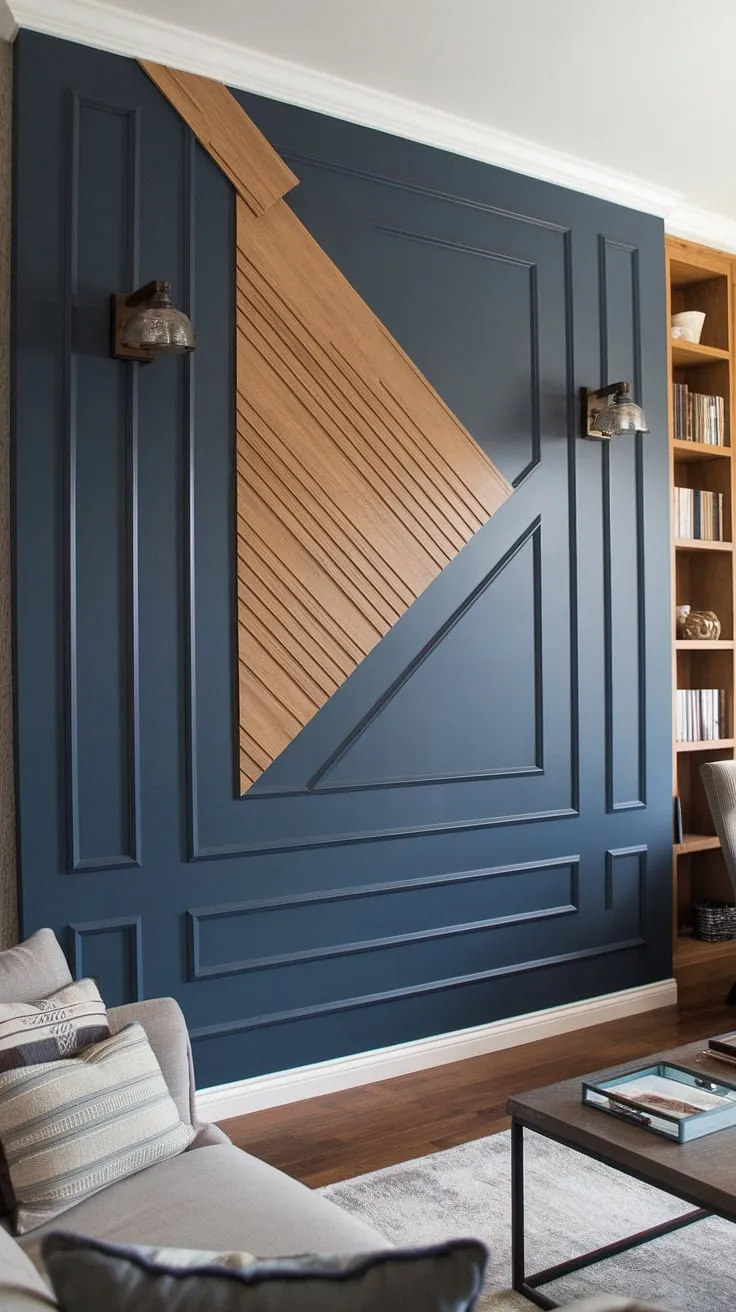 The 3d wall ideas in our family room are a showstopper!  This navy and wood accent wall, with its split wall design and geometry accent wall, creates a sophisticated and inviting space.  The raised accent wall, complete with wall moldings and trim, showcases the beautiful wood design on wall interiors.  The trim pieces on wall add the perfect finishing touch.
