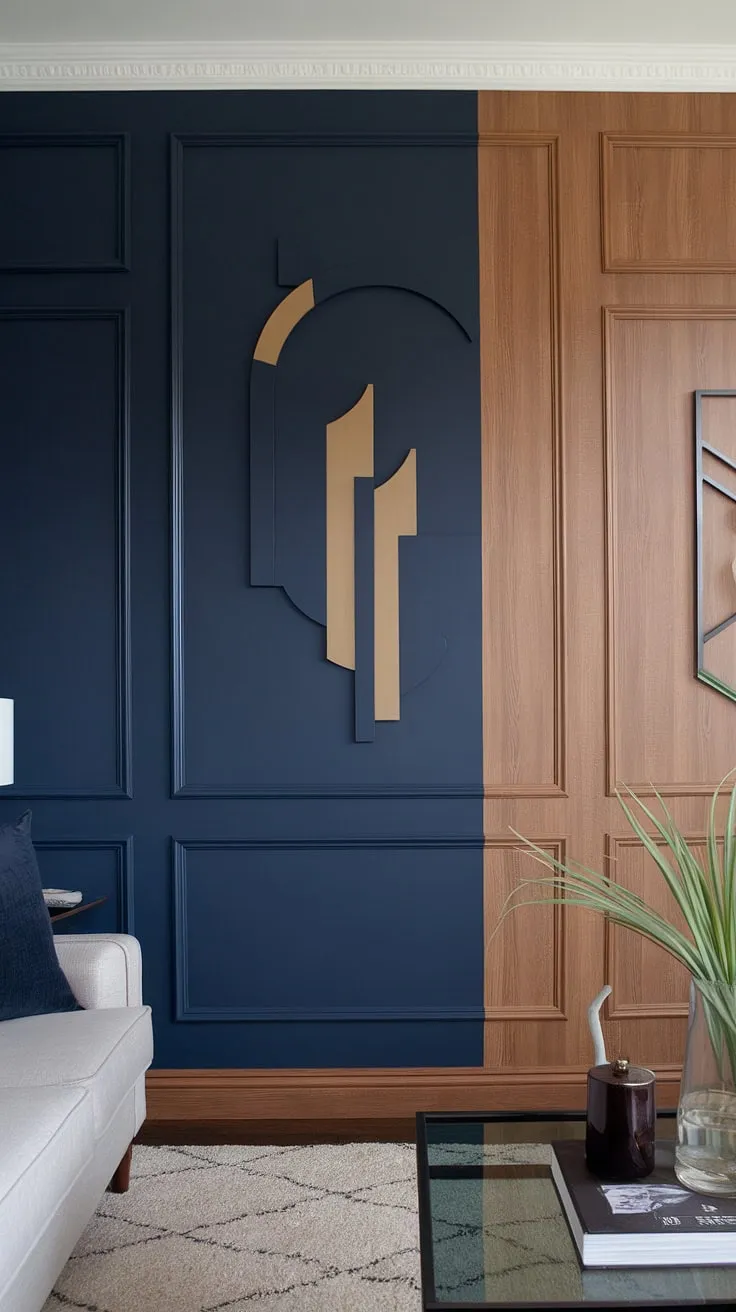 Transform your living space with this inspiring 3d accent wall. The navy and wood accent wall, showcasing a unique split wall design and geometric patterns, is a testament to the power of 3d wall ideas.  Notice the exquisite detail in the raised accent wall and the carefully chosen wall moldings and trim, all contributing to this exceptional wood design on wall interiors.