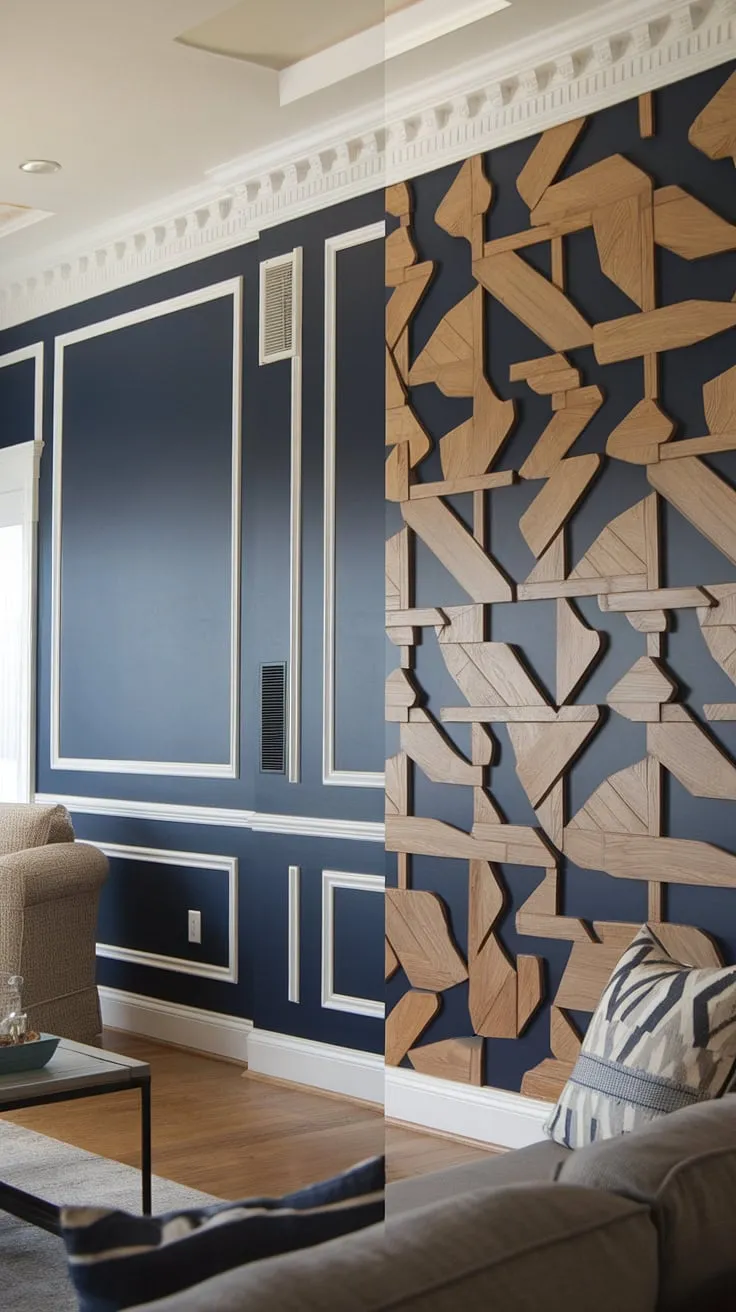 The captivating geometry accent wall in this family room is a true focal point.  This split wall design cleverly combines navy and wood accent wall elements, creating a dynamic and textured 3D accent wall.  The raised accent wall features are beautifully complemented by the carefully chosen trim pieces on wall and wall moldings and trim, showcasing innovative 3d wall ideas and a refined wood design on wall interiors.