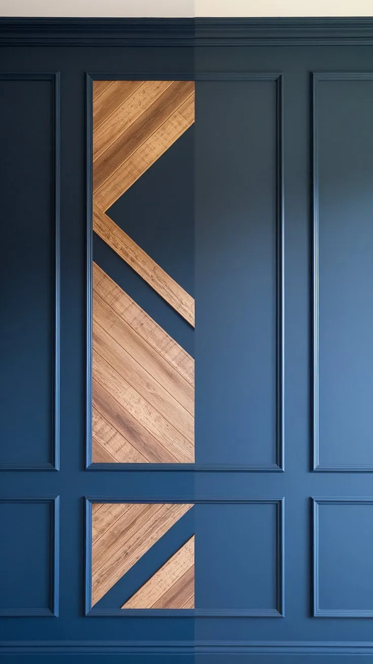 This family room's stunning split wall design is a masterpiece of geometry.  The navy and wood accent wall, featuring intricate trim pieces on wall and a 3d accent wall with raised accent wall, creates a captivating focal point.  The wood design on wall interiors adds warmth and depth, showcasing innovative 3d wall ideas and wall moldings and trim that elevate the space.
