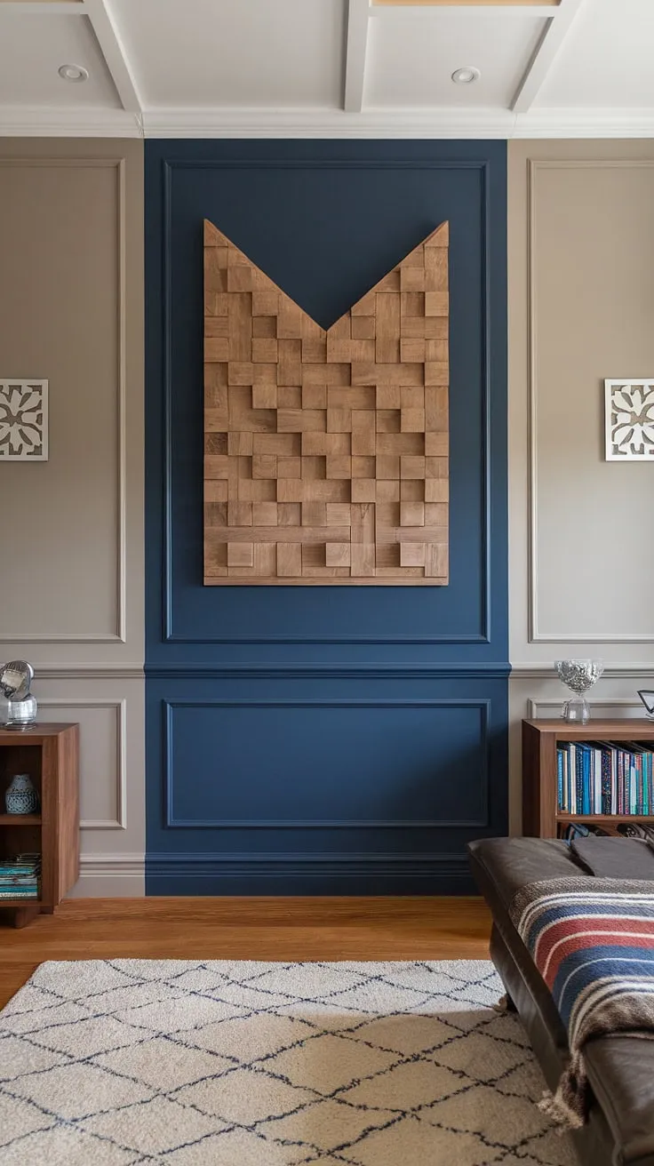 This family room's stunning split wall design is a masterclass in texture and dimension. The navy and wood accent wall, featuring a 3D raised design and intricate trim pieces on wall, creates a captivating focal point.  The geometry accent wall, with its wood design on wall interiors, is complemented by the carefully chosen wall moldings and trim, showcasing innovative 3D wall ideas.
