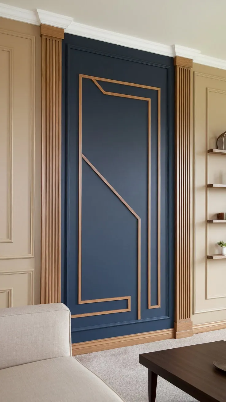 Transform your family room with this show-stopping geometry accent wall. The 3d accent wall's split design seamlessly blends navy and wood, creating a raised accent wall that's both modern and inviting.  The careful use of wall moldings and trim, along with the unique wood design on wall interiors, makes this a truly exceptional example of 3d wall ideas.
